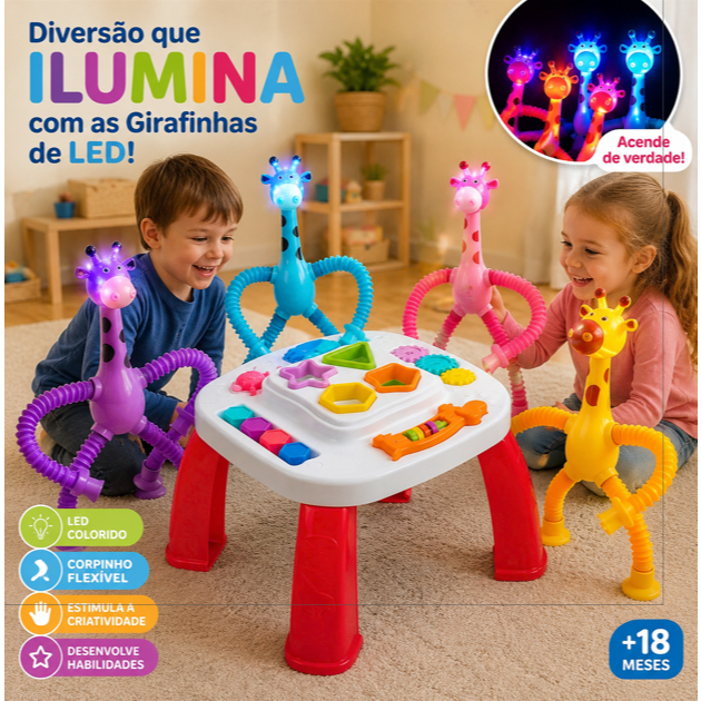 Mesa Didática Educativa Infantil Interativa Sensorial Primeira Infância + Kit 4 Girafas Estica Tubo Montessori Brinquedo