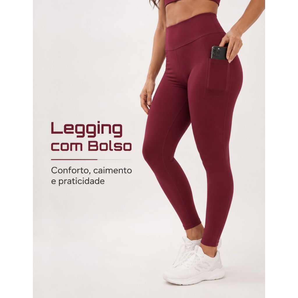 Calça Legging Feminina Cós Alto que Modela Bolso Lateral Suplex Grosso Academia Treino Valoriza o Corpo P ao GG