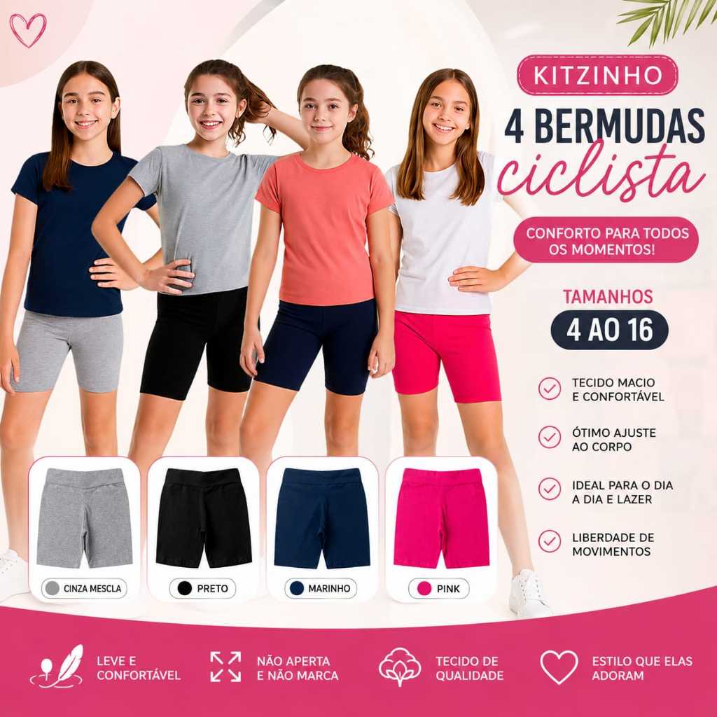 Kit 4 Shorts Ciclista Infantil Feminino – Cores Sortidas, Confortáveis e Flexíveis – Do 4 ao 16 Anos