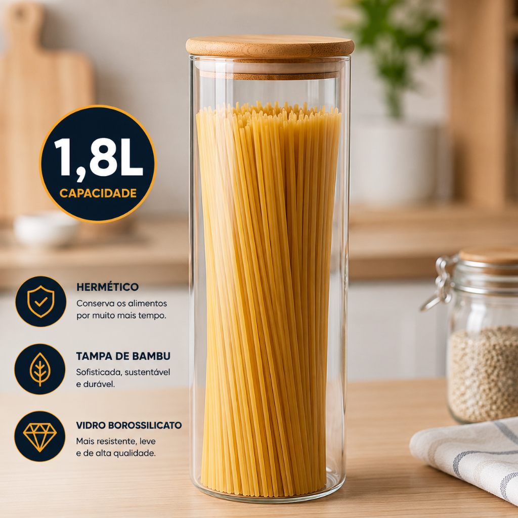 Pote Hermético de Vidro Borossilicato 1,8L com Tampa de Bambu Porta Mantimentos Macarrão Espaguete e Grãos Cozinha