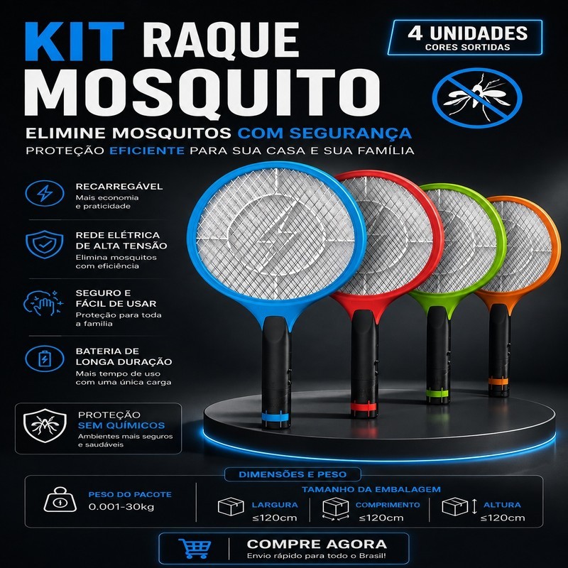 Raquete Elétrica Kit Recarregável Bivolt para Mosquitos, Baratas e Insetos