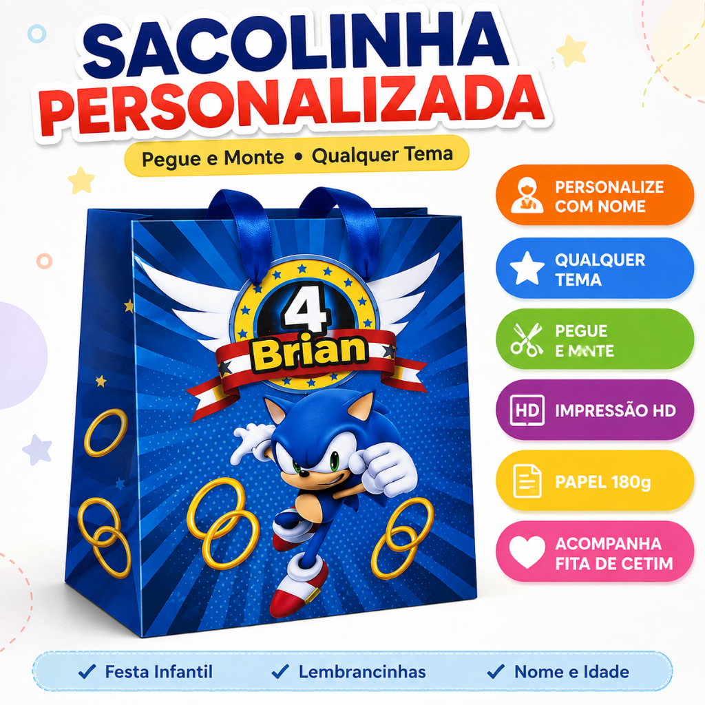 Sacolinha Personalizada Festa Infantil Pegue e Monte Qualquer Tema Lembrancinha Aniversário