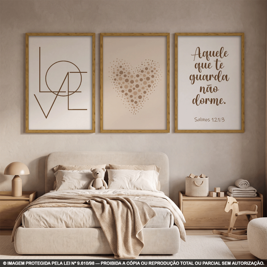 Kit 3 Quadros Decorativos Fé e Amor | Versículo Bíblico Salmos 121:3 Coração Frase Religiosa