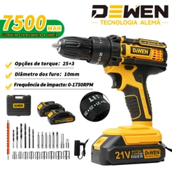 Parafusadeira Furadeira de Elétrica Sem Fio Impacto DeWEN 2 Bateria 3 funções Completo Acessórios【127V/220V】