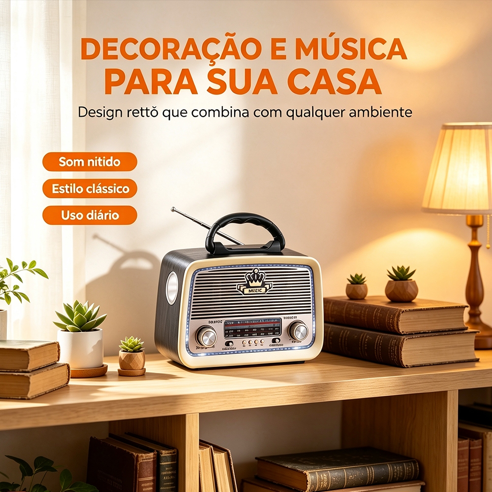 Rádio Vintage Portátil FM AM SW com Alto-falante Bluetooth USB SD TF Lanterna Recarregável — imagem 2 de 2
