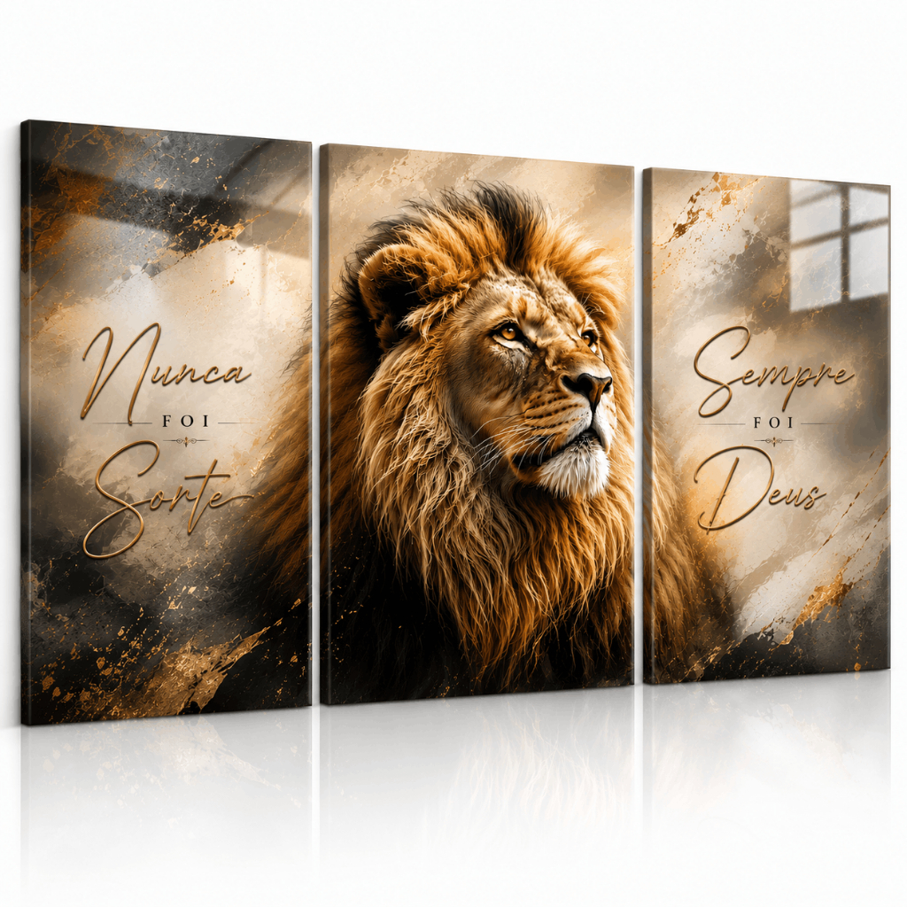 Kit 3 Quadros Decorativos Leão Nunca Foi Sorte Sempre Foi Deus Sala Moderna Religioso MDF Premium
