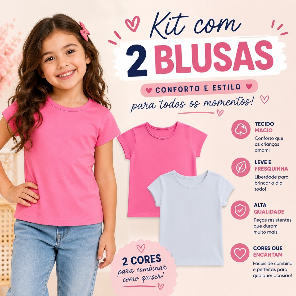 Kit 2 Blusa Cotton Infantil Manga Curta Feminina Menina Juvenil