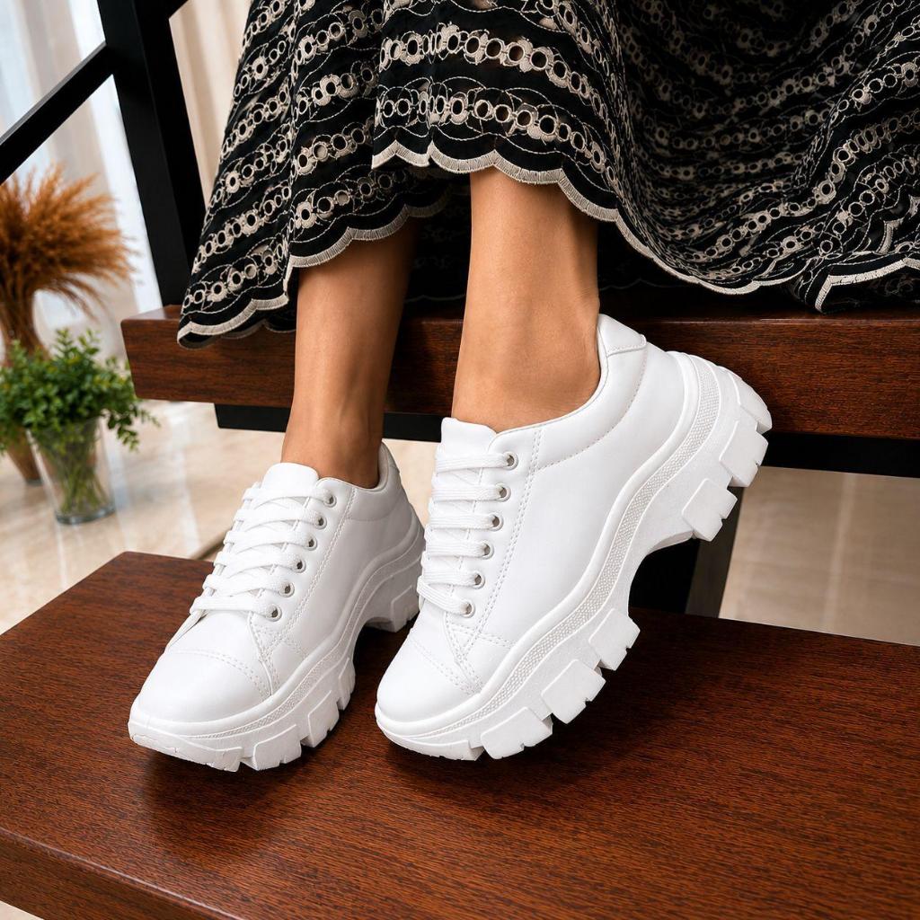 Tênis Branco Feminino Casual Plataforma Tratorado Cadarço Macio Fácil de Calçar