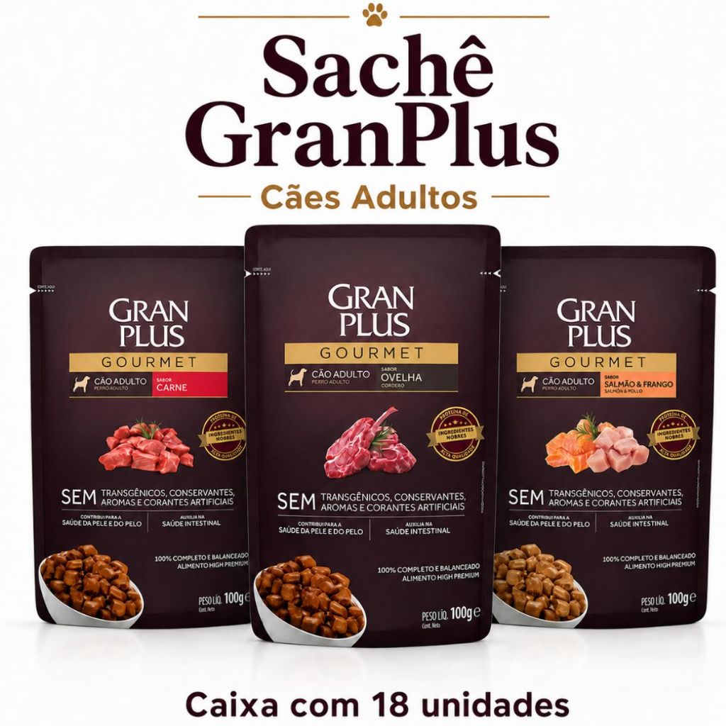 Ração Úmida GranPlus Carne Cães Adultos Cx 18 Sachês 100g