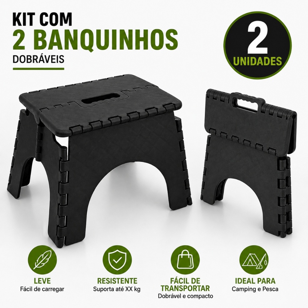 Kit 2 Banquetas Banquinhos Dobráveis de Plástico até 60kg para Camping Pesca Viagem Praia