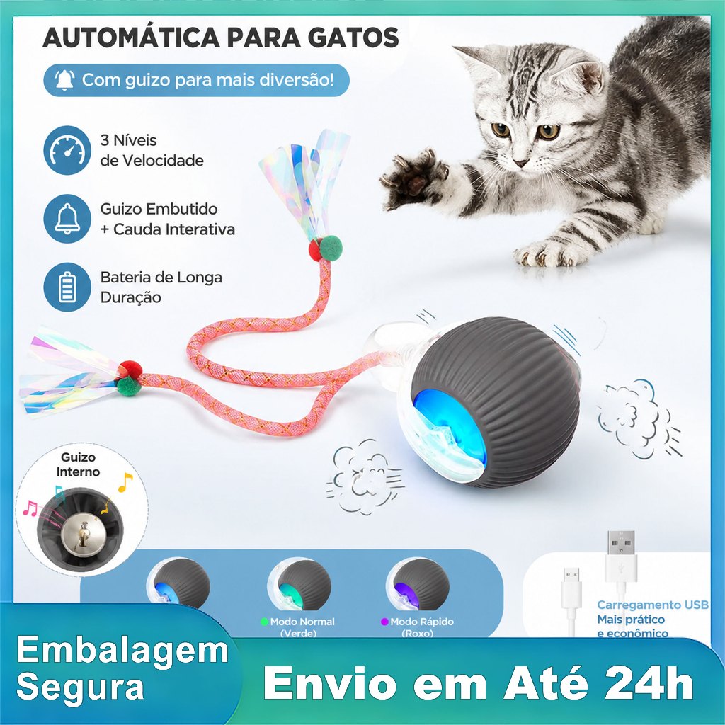 Bola De Rolamento Automática Para Gatos Brinquedo Inteligente Cauda Falsa Recarregável Elétrico