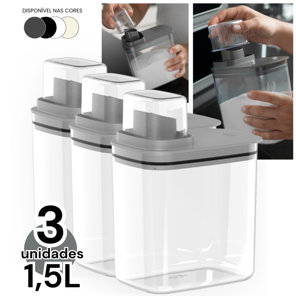 Kit 3un Organizador de Lavanderia Dispenser 1,5L Medidor Hermético Amaciante Sabão em Pó Casa