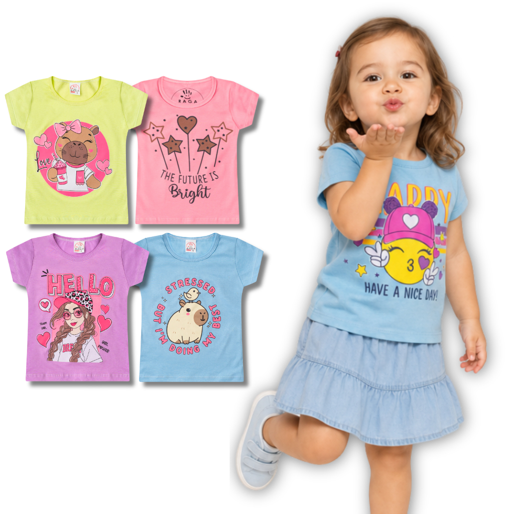 Kit 4 Camisetas Femininas Infantil e Juvenil Manga Curta Estampadas Sortidas do Tamanho 1 ao 14