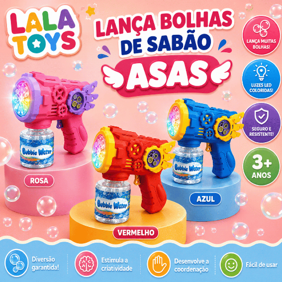 Brinquedo Pistola Lança Bolha De Sabão Automática modelo Asas com Led Azul Vermelho Rosa