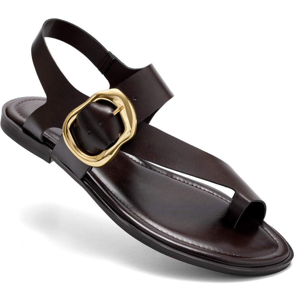Sandália Feminina Rasteira Lumiss Confortável Bico Redondo Maxi Fivela Dourada