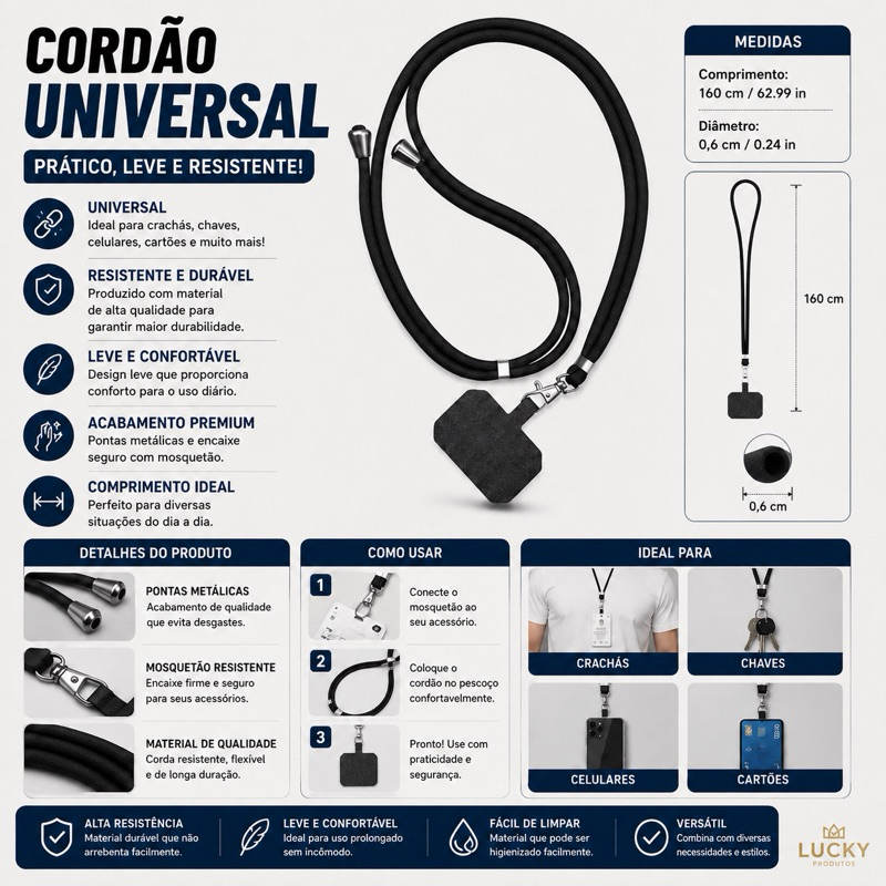 Cordão Anti-Queda Para Celular TPU Alça Transversal Preto