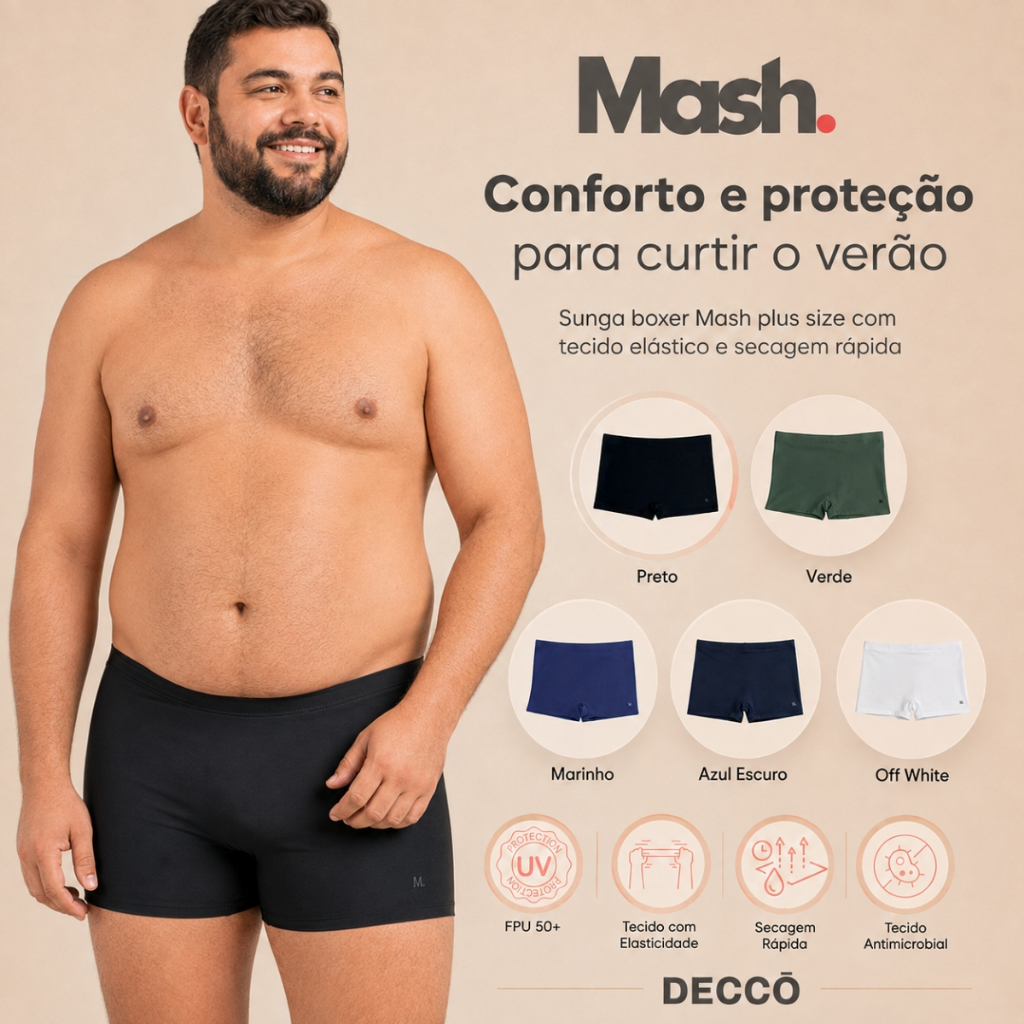 Sunga Boxer Mash Plus Size Lisa Forrada com Cordão de Regulagem Masculina Moda Praia Adulto FPS 50
