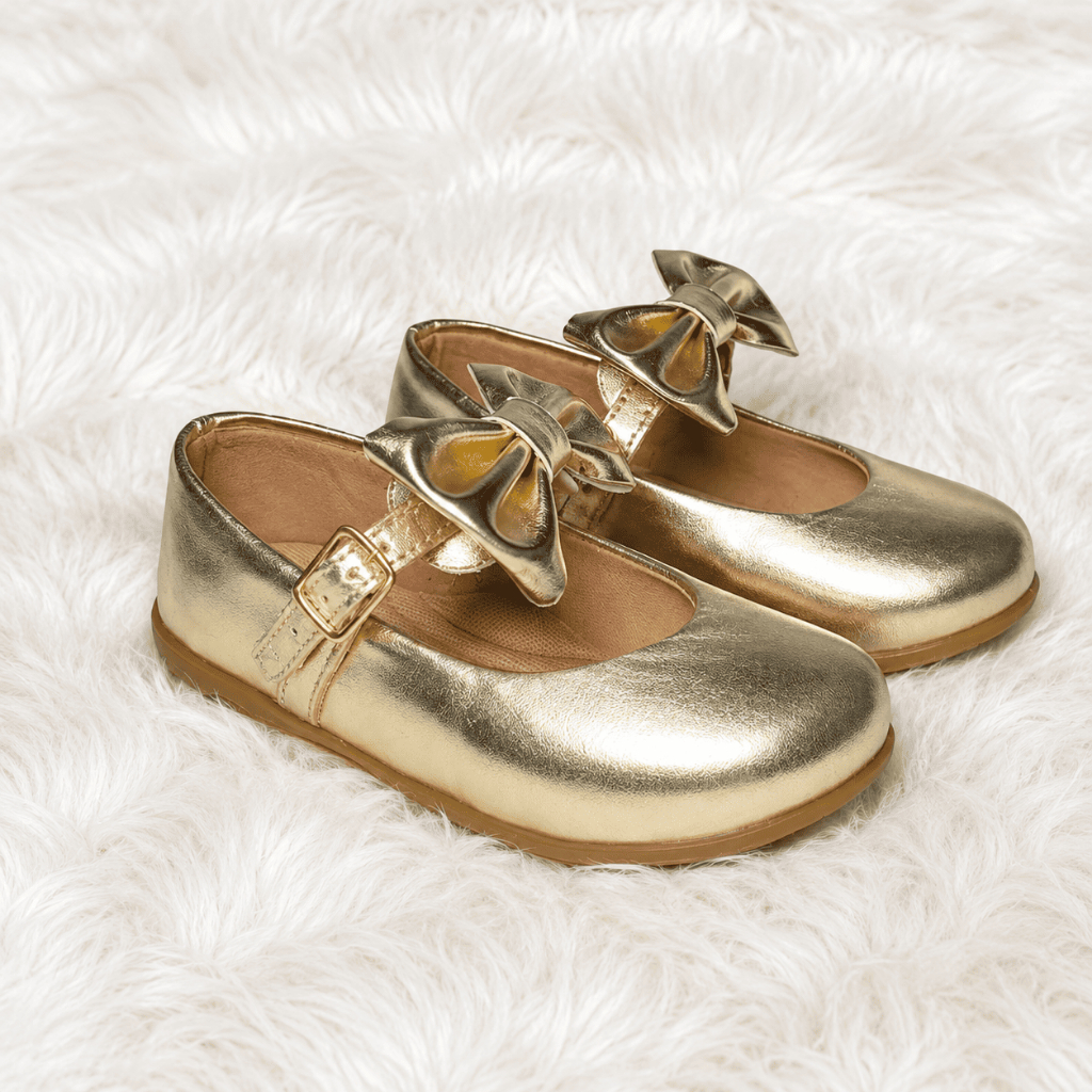 Sapatilha Infantil Menina Dourado Metalizada Laço Elegante Fivela Confortável Antiderrapante Casual