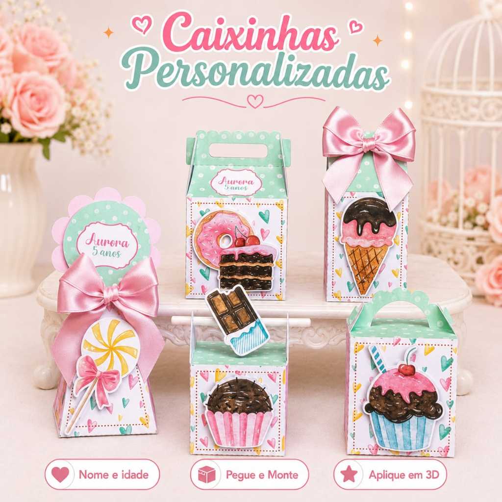 Kit Festa Caixinhas Personalizadas Confeitaria com Nome  Idade - Lembrancinha Infantil Aniversário com Aplique
