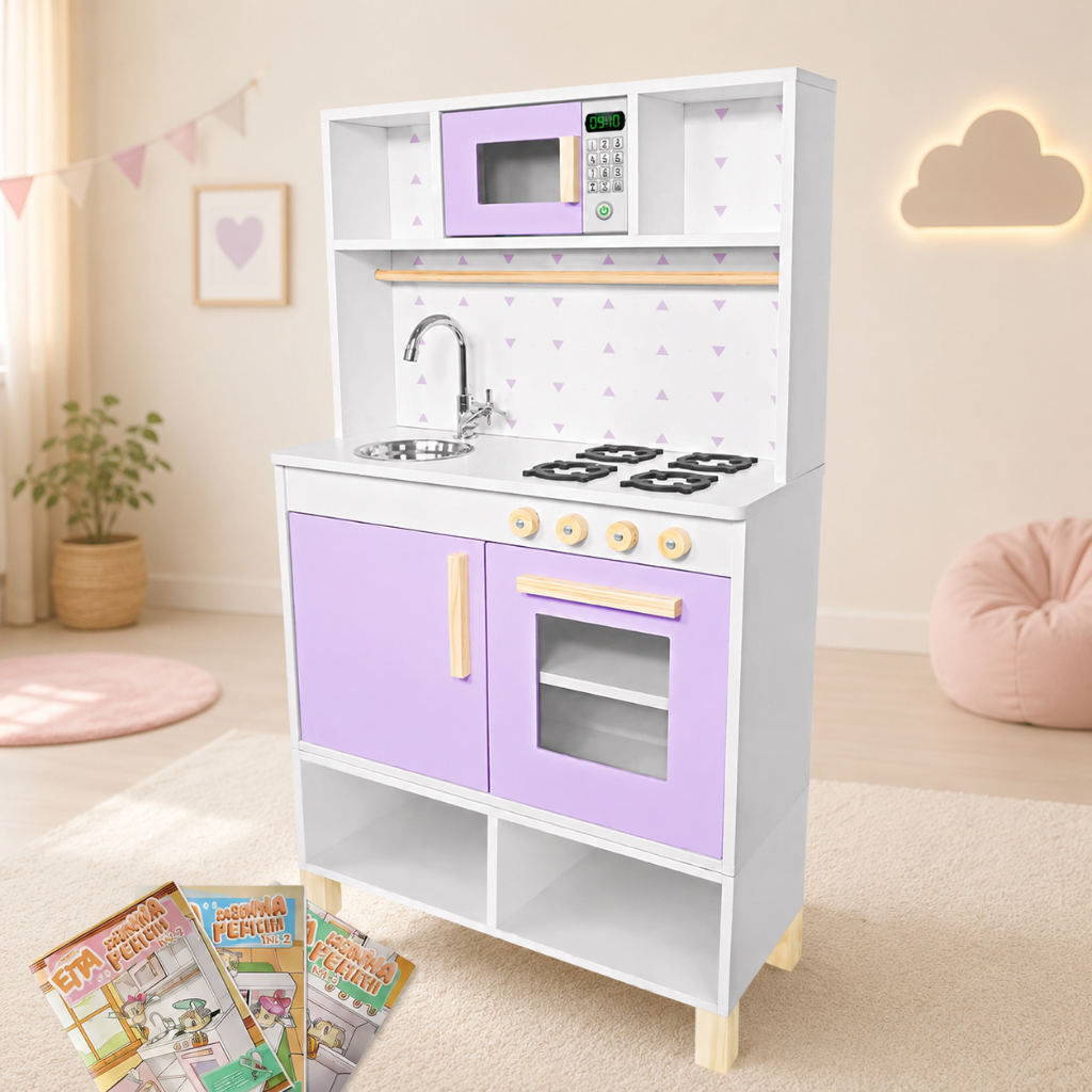 Cozinha Infantil em Madeira Lilás Pia Fogão Microondas Faz de Conta Chef Kit Livro Educativo