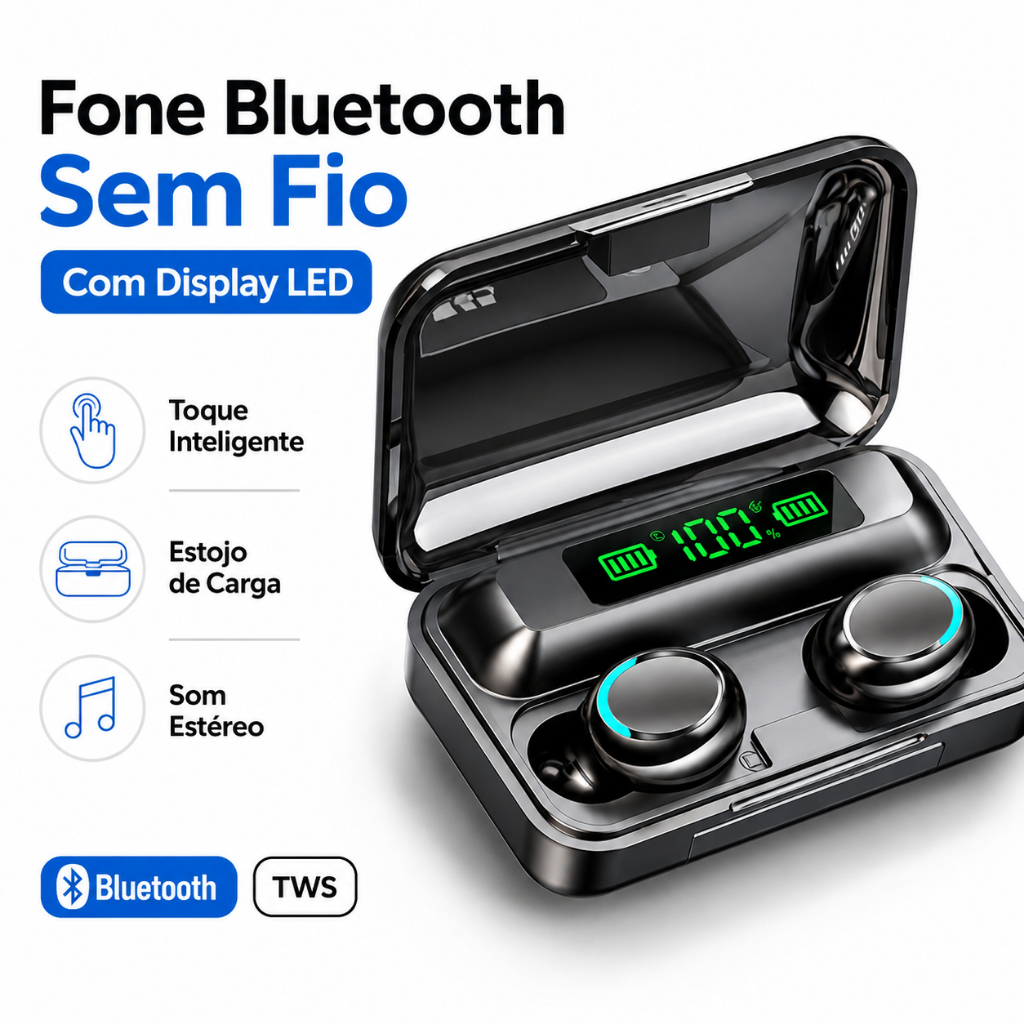 Fone de Ouvido Bluetooth 5.3 Sem Fio TWS F9-5 com Display LED, Função Power Bank e Resistente à Água