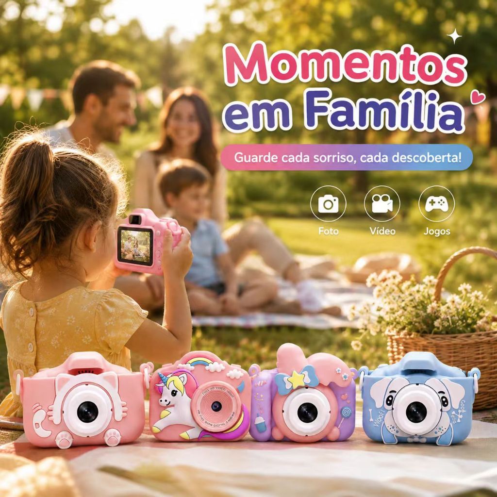 Mini Câmera Infantil Com Capa, Recarregável - Vídeo, Jogos, Fotos