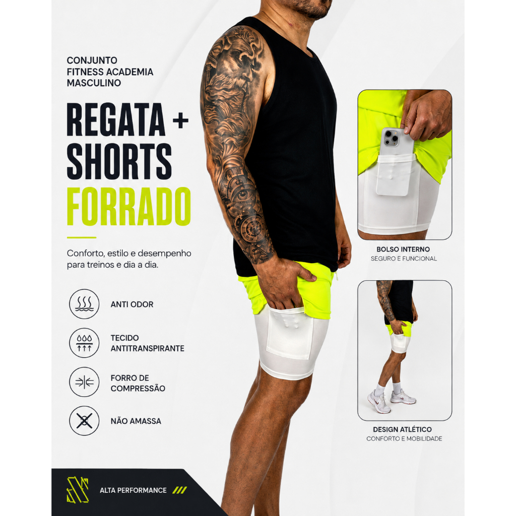 Conjunto Fitness Academia Masculino Regata + Shorts Forrado