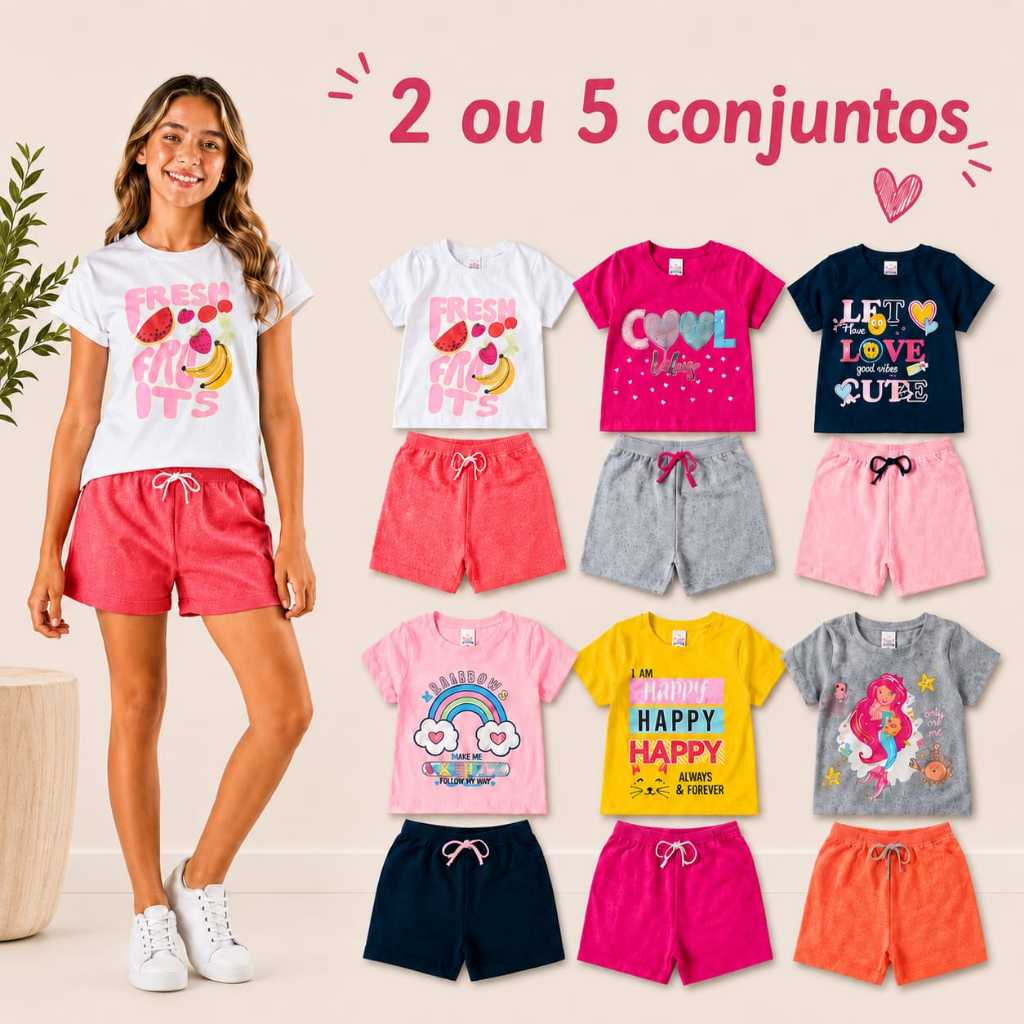 Kit 4 ou 10 Peças Conjunto Blusa Cropped e Bermuda Moletinho Infantil Feminino Verão 10 ao 14