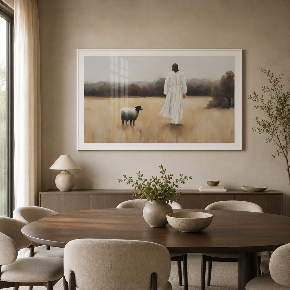 Quadro Religioso O Bom Pastor e a Ovelha Perdida Com Moldura Decorativo Sala Quarto Escritório