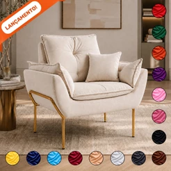 Poltrona Decorativa Opala Amamentação com almofada Base De Ferro Dourada para Sala Suede Aninha Decor