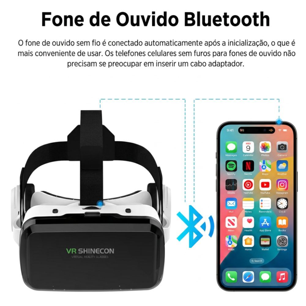 Óculos VR 3D Realidade Virtual com Fone Bluetooth Integrado Cor Branco Óculos 3D para Celular Smartphone