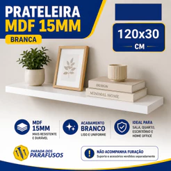 Prateleira MDF 120x30 Branca ou Preto 15mm Decorativa Sala Quarto Escritório