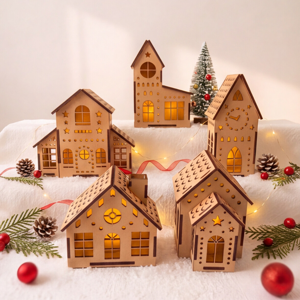Kit Vila Natalina Mdf Cru 5 Peças Com Casinhas Igreja E Torre Decoração De Nata