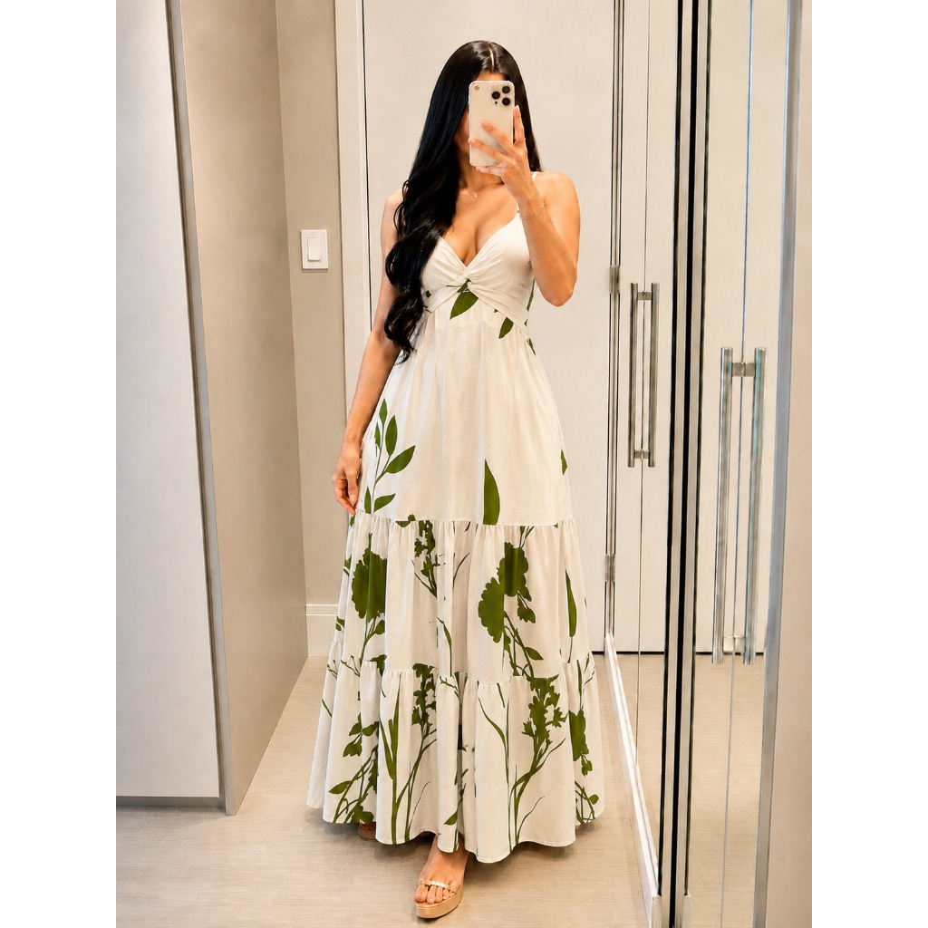 Vestido Feminino Longo Decote V Costas Nua Com Amarração Estampa Folha — imagem 2 de 2