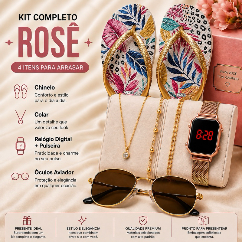 Relógio Led Digital Luxo Feminino Chinelo Pulseira e Colar Folheado Óculos De Sol uv Kit Completo