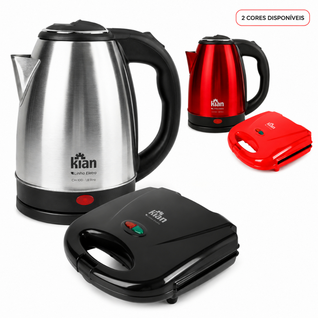 Kit Café da Manhã Kian Chaleira Elétrica 1,8L + Sanduicheira Grill 750W 127V 220V