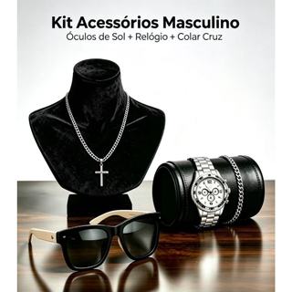 Este conjunto de relogio masculino  inclui oculos de sol,um corrente,um pingente de cruz e um pulseira