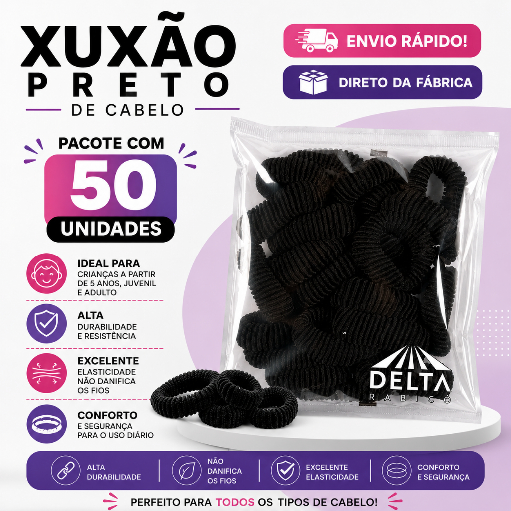 Pacote com 50 Xuxão Grande Preto / Xuxinha de cabelo / Elastico / Rabico Delta / Pacotão