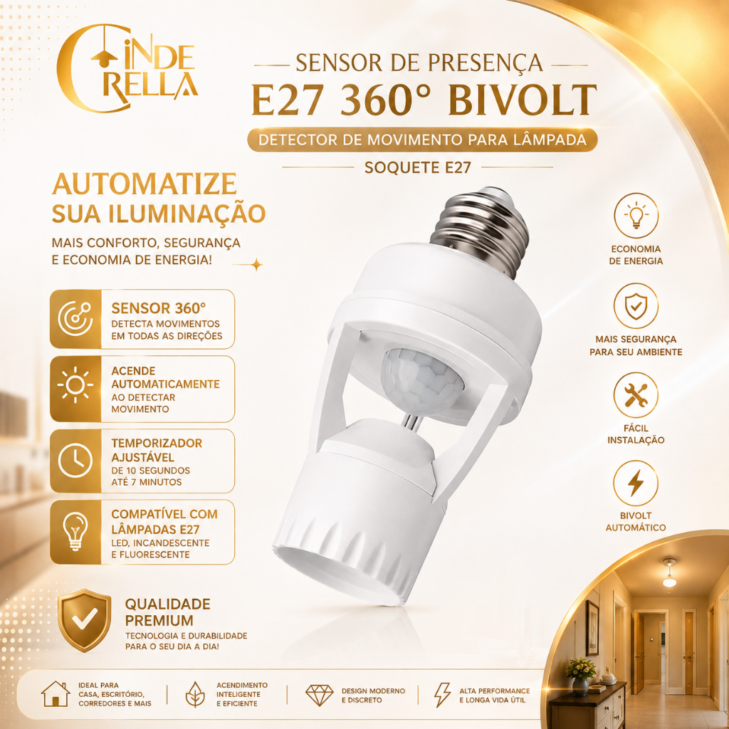 Sensor de Presença E27 360° Bivolt Detector de Movimento para Lâmpada Soquete E27
