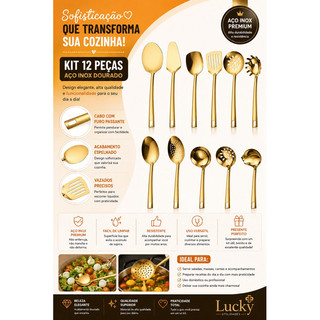 Kit 11 Peças Utensílios de Cozinha em Aço Inoxidável Dourado - Espátula Colher Escumadeira Pegador de Pizza