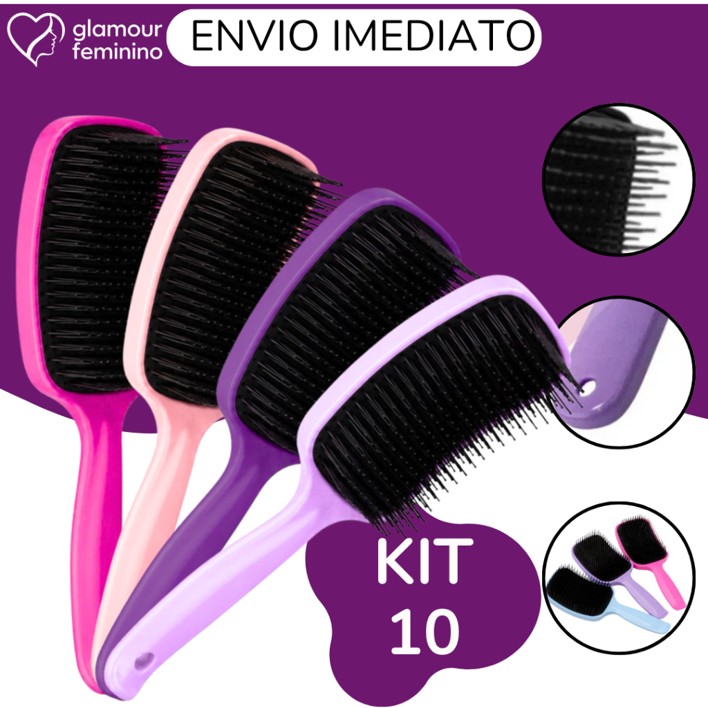 Kit 10 Escova Raquete -Flex  Anti Frizz- Pra Cabelo - Para Desembaraçar Cabelos - Glamour Feminino