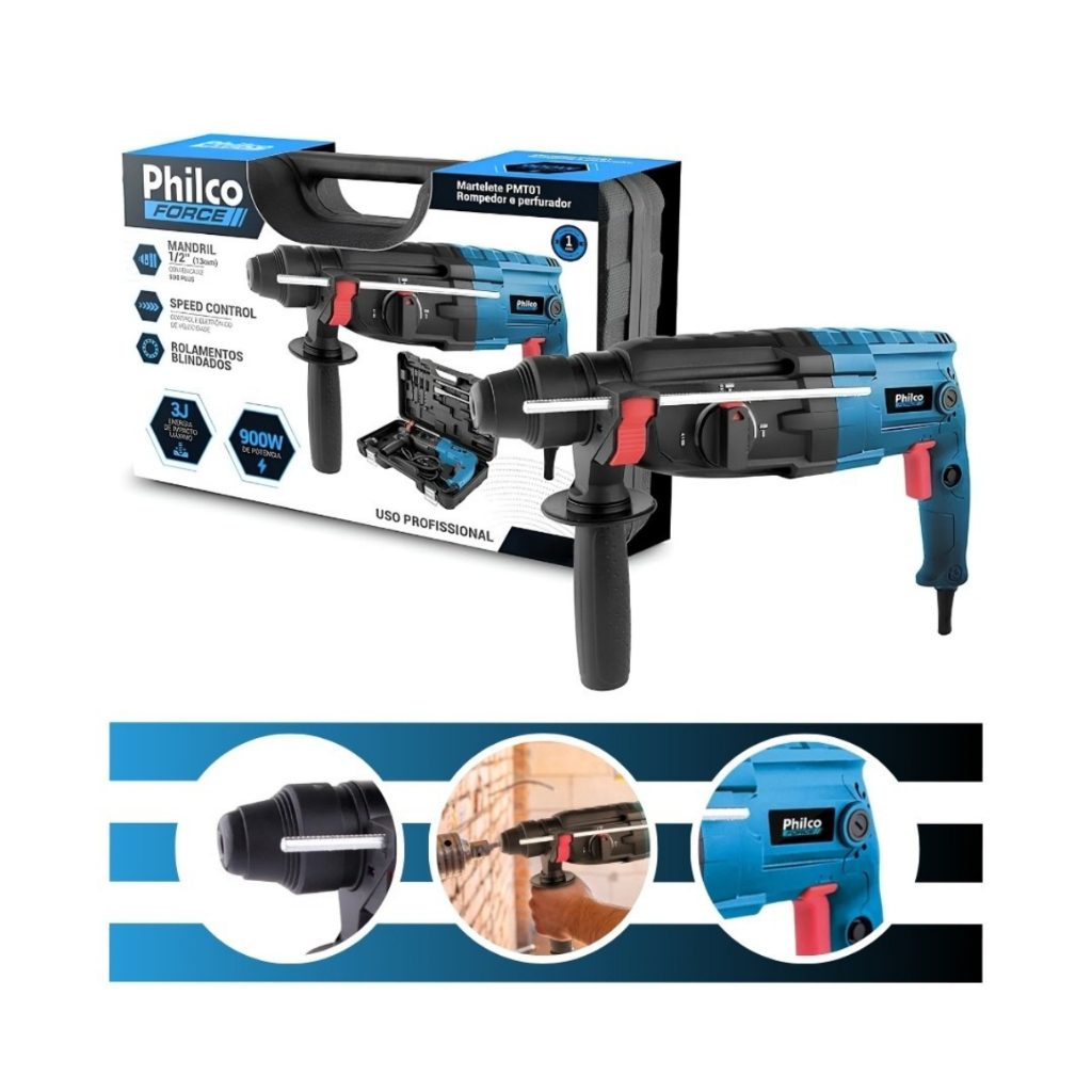 Martelete PMT01 900W SDS Plus 3 em 1 com Maleta e 8 Acessórios Philco Force