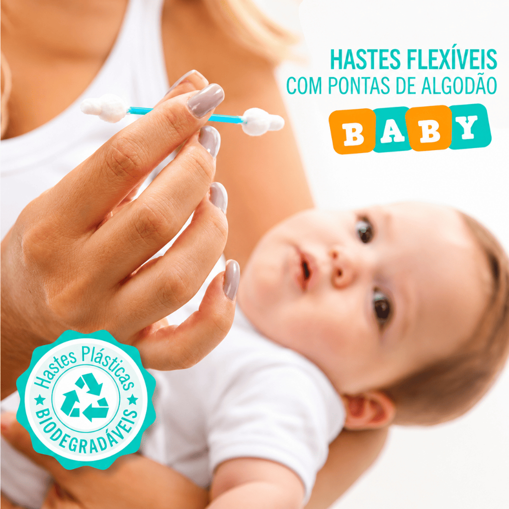 Cotonete Bebê Hastes Flexíveis 100% Algodão Hipoalergênico Kit 3 Caixas 144 Unidades Recém-Nascido Melhormed
