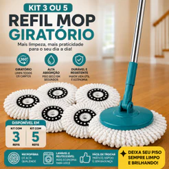 Kit 3 ou 5 Refil Mop Giratório 8 ou 13 Litros Limpeza Fácil Universal Balde Multiuso Piso Laminado