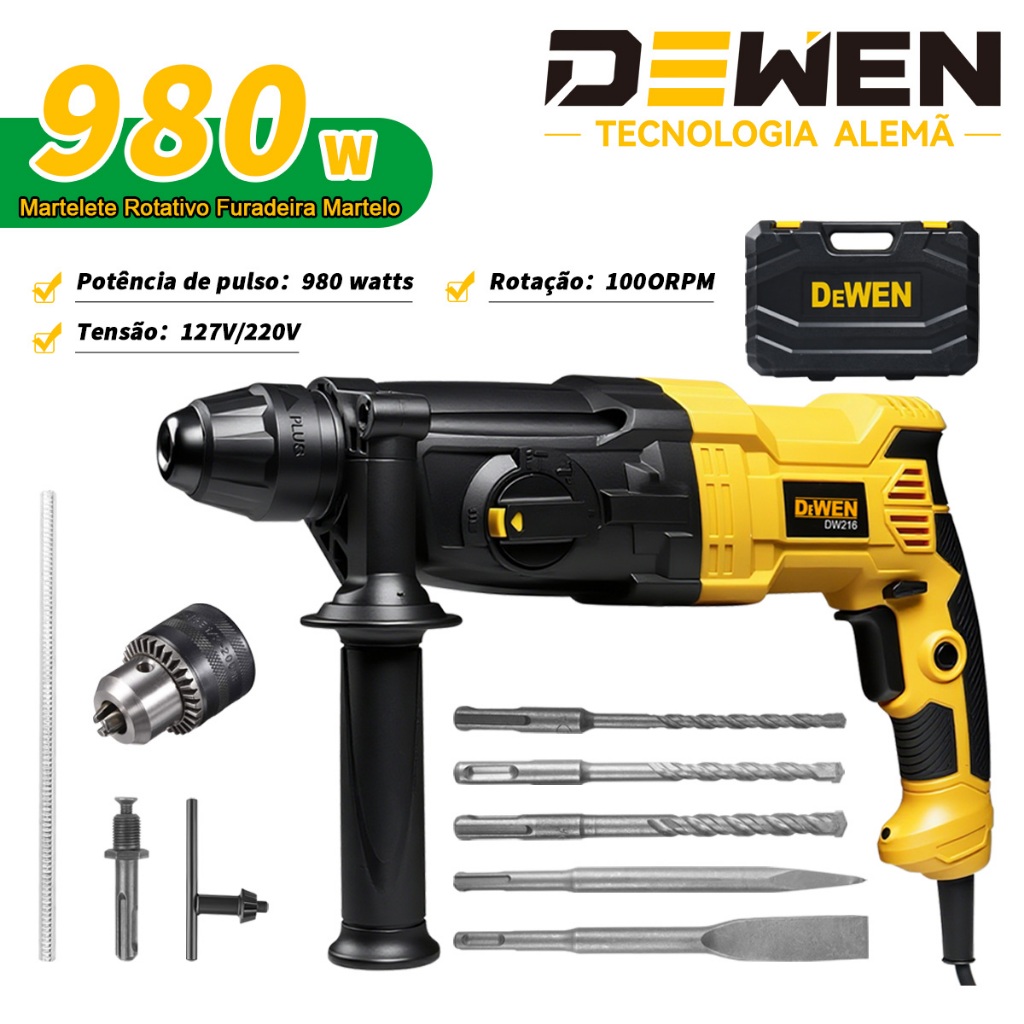 Martelete Rotativo Furadeira Martelo 980W DEWEN 3 em 1 Rompedor com 3 Modos Profissional Com Acessorios