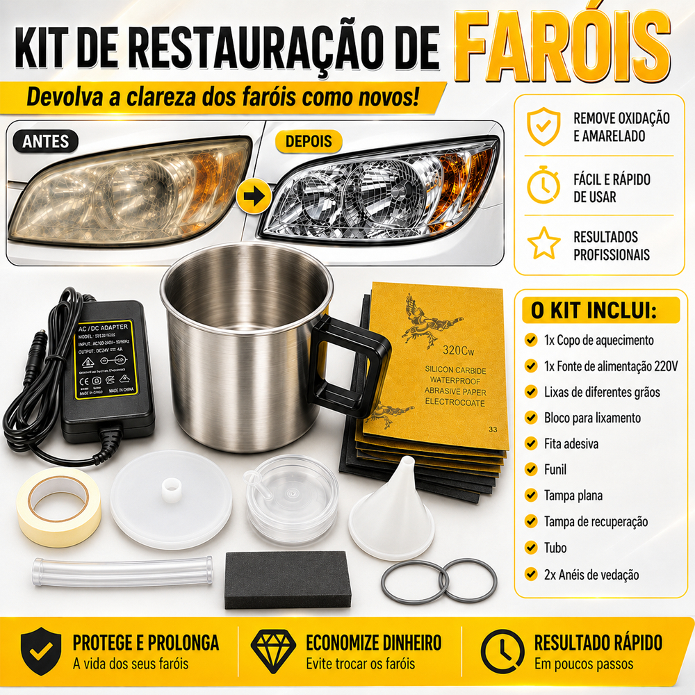 Kit Revitalizador de Farol a Vapor Polímero para Polimento e Restauração Remove Amarelado e Oxidação
