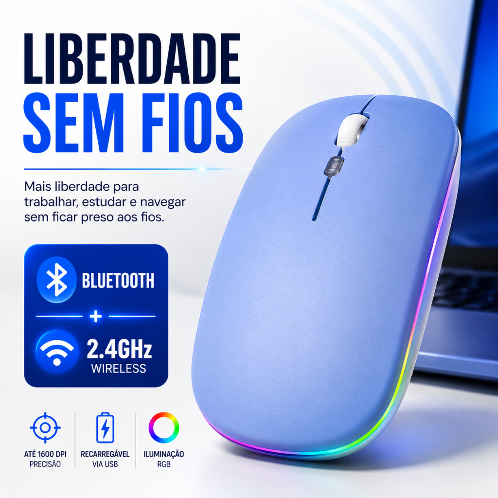 Mouse Sem Fio Bluetooth Recarregável RGB 1600 DPI 2.4GHz com Receptor USB para Notebook PC Tablet Azul