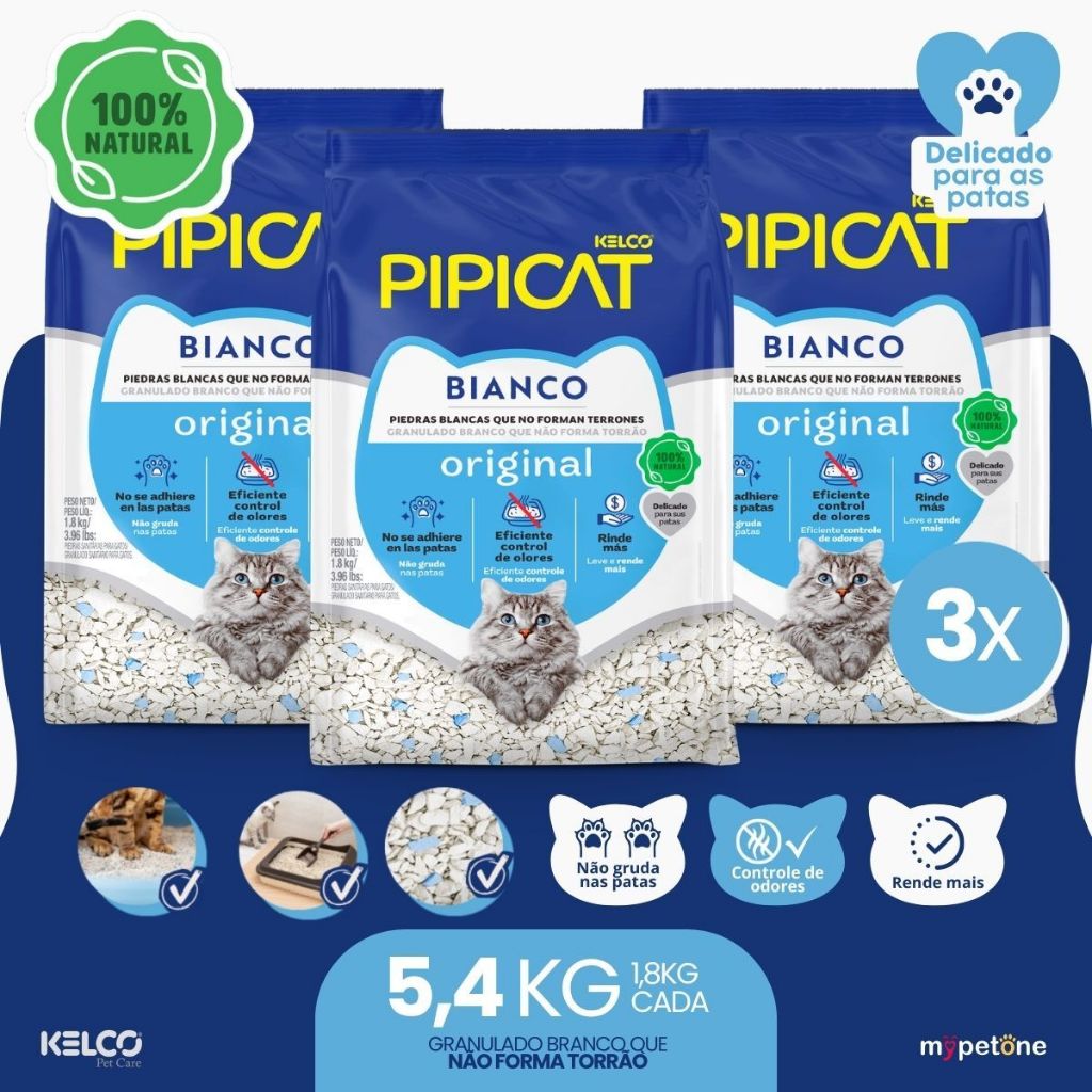 Kit 3 Pipicat Bianco Granulado Sanitário Kelco - 1,8 Kg