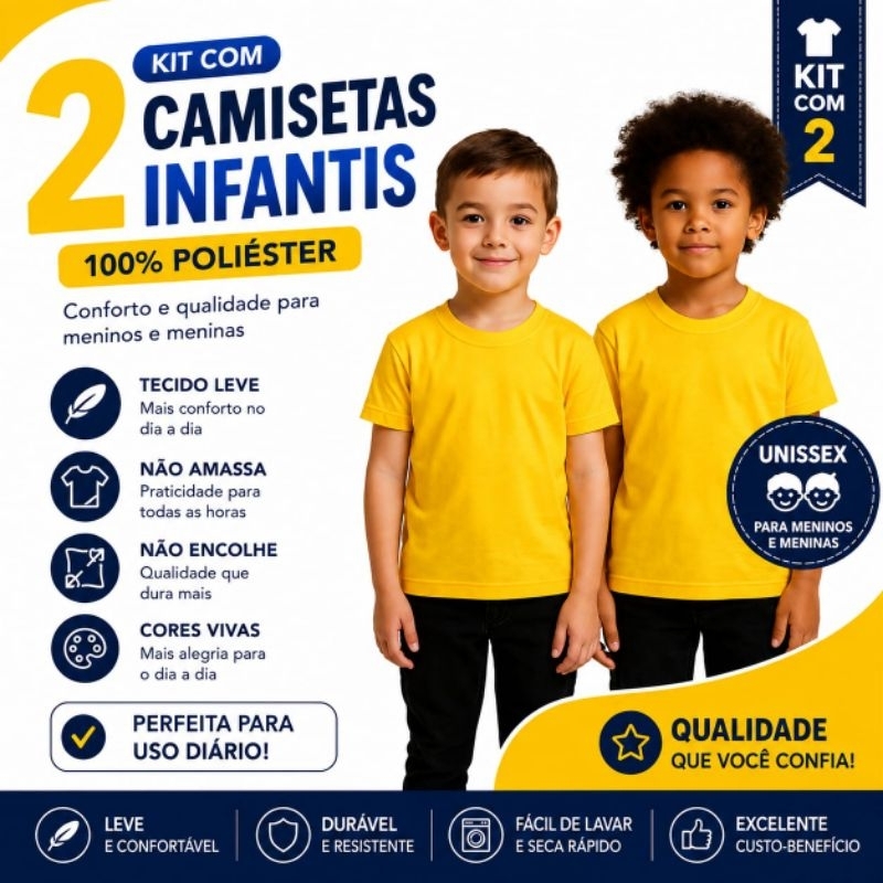 Kit com 2 Camisetas Camisas Infantil Juvenil Criança Amarela Unissex Lisa Malha 100% Poliéster