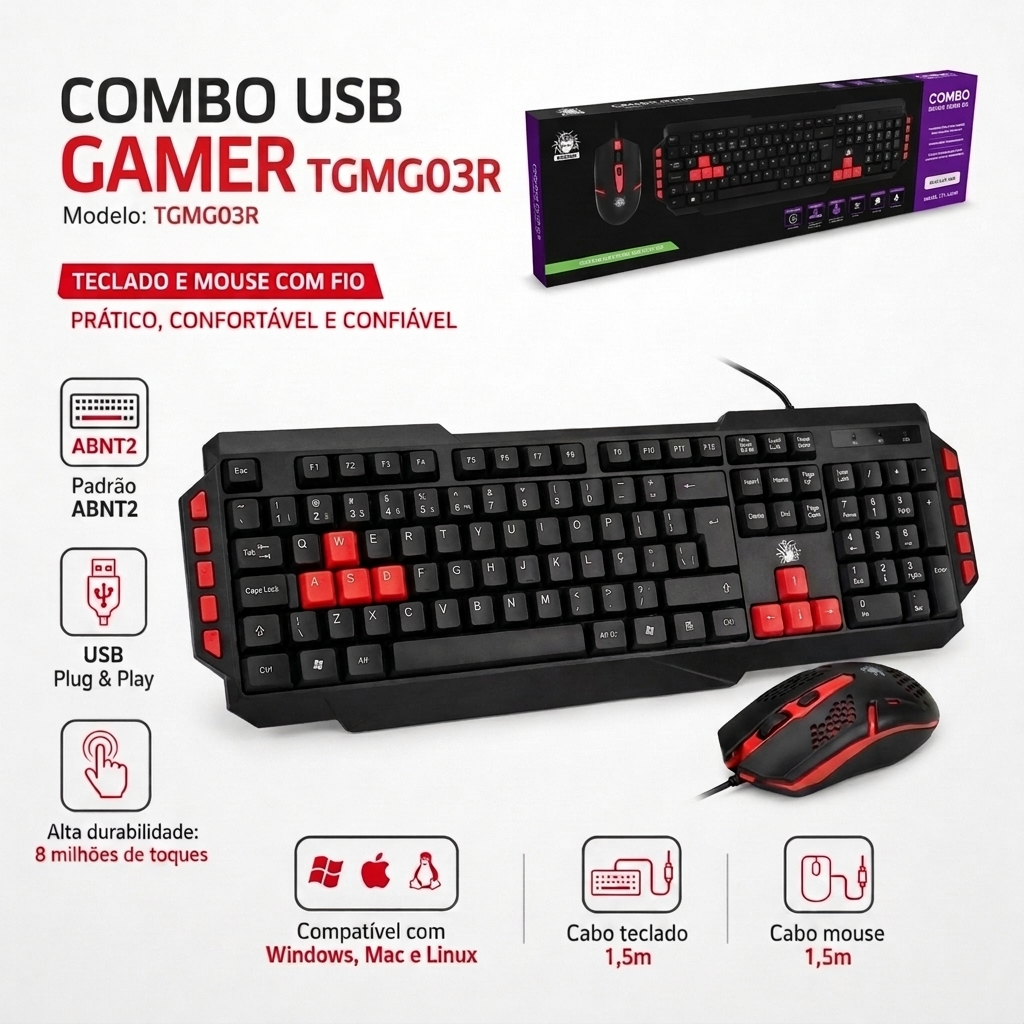 Teclado e Mouse Gamer 5+ ABNT2 Teclas Multimídia Verde Vermelho Lateral USB Com Fio
